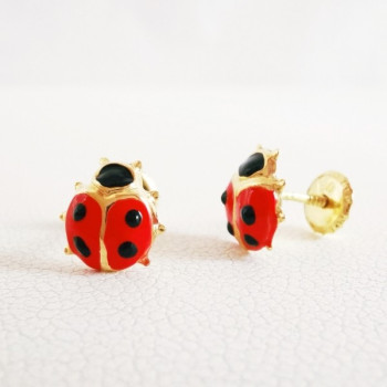 Boucles d'Oreilles Enfants Puces Coccinelle Or Jaune 750 - 18 carats