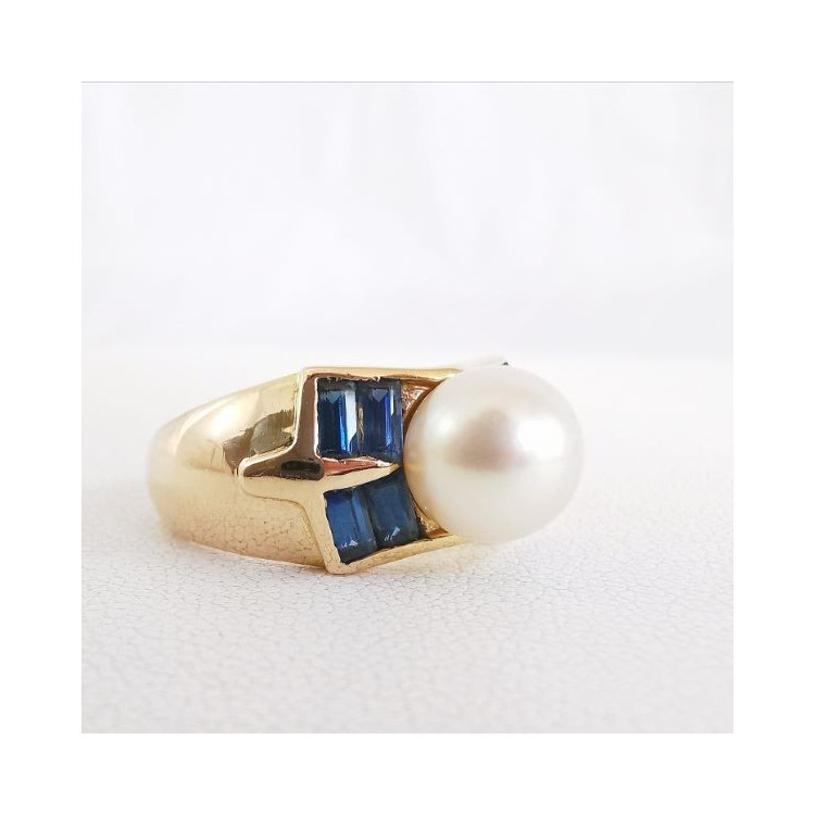 Bague Saphir Perle Or Jaune 750 - 18 carats (Bijou Occasion)