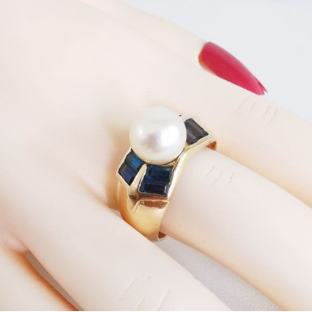 Bague Saphir Perle Or Jaune 750 - 18 carats (Bijou Occasion)