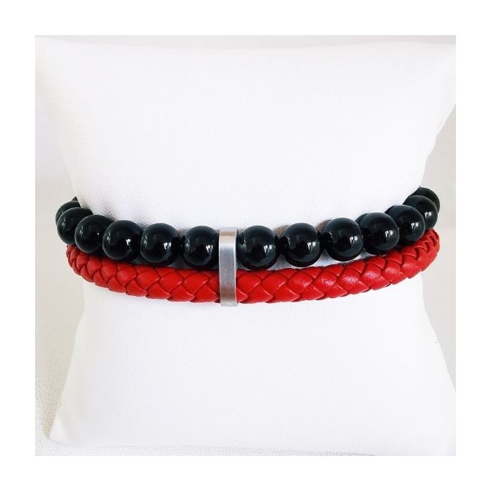 Bracelet Homme Cuir rouge et onyx noir