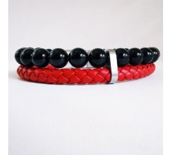 Bracelet Homme Cuir rouge et onyx noir
