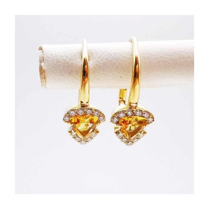 Boucles d'Oreilles Dormeuses Citrine Diamants Or Jaune 750 - 18 carats