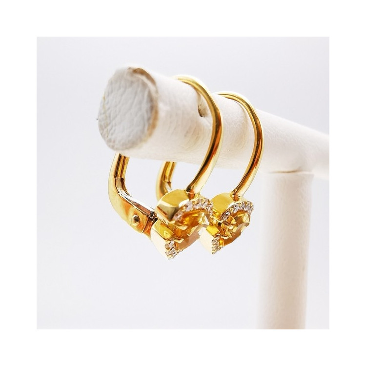 Boucles d'Oreilles Dormeuses Citrine Diamants Or Jaune 750 - 18 carats