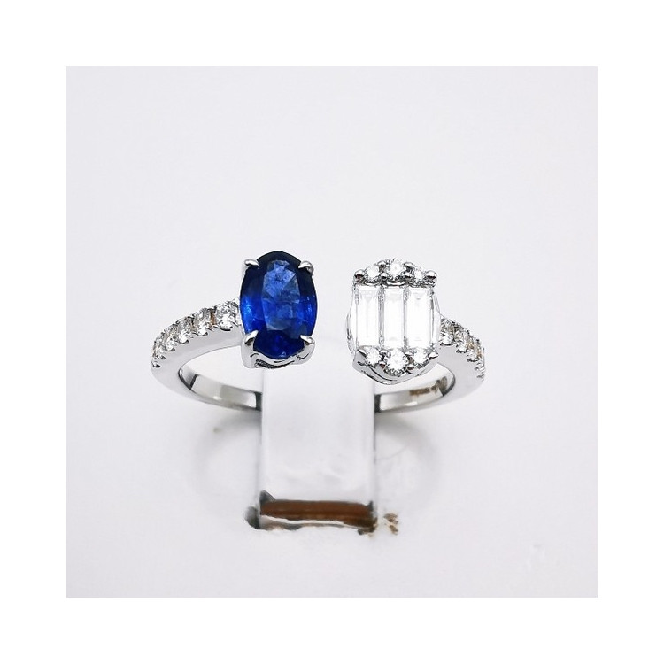 Bague En Or Blanc 18 Carats Avec Saphir Bleu Et Diamants – Taille 51 – Occasion Très Bon état
