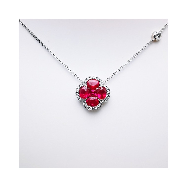 Collier Trèfle Rubis Diamants Ligne Vendôme Or Blanc 750 - 18 carats