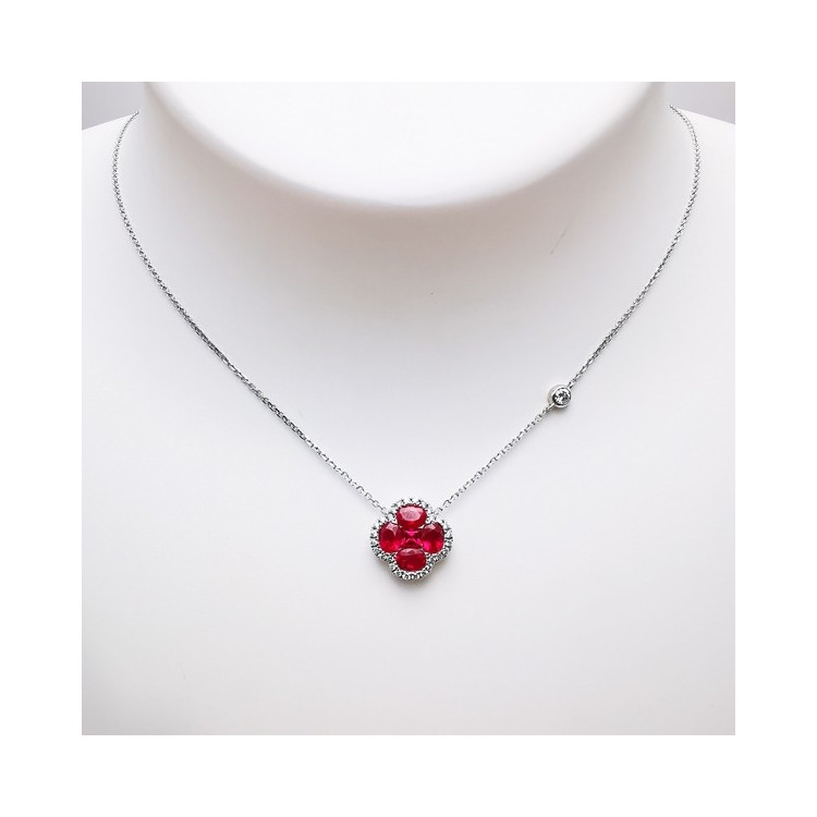 Collier Trèfle Rubis Diamants Ligne Vendôme Or Blanc 750 - 18 carats