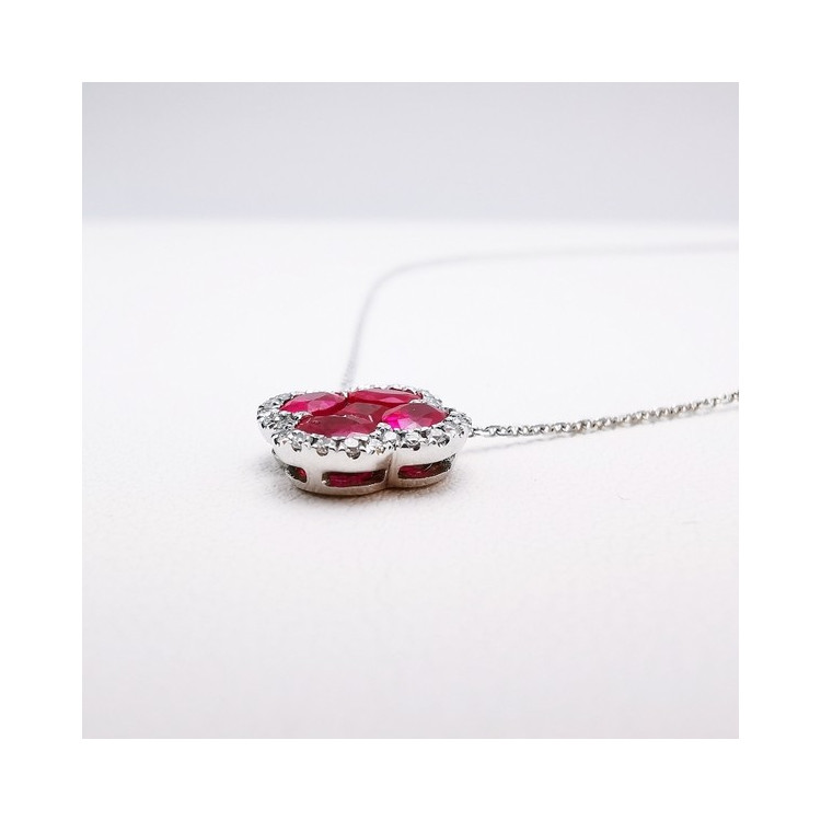 Collier Trèfle Rubis Diamants Ligne Vendôme Or Blanc 750 - 18 carats
