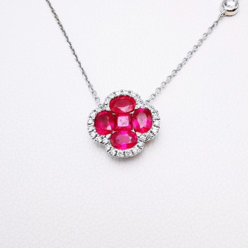 Collier Trèfle Rubis Diamants Ligne Vendôme Or Blanc 750 - 18 carats