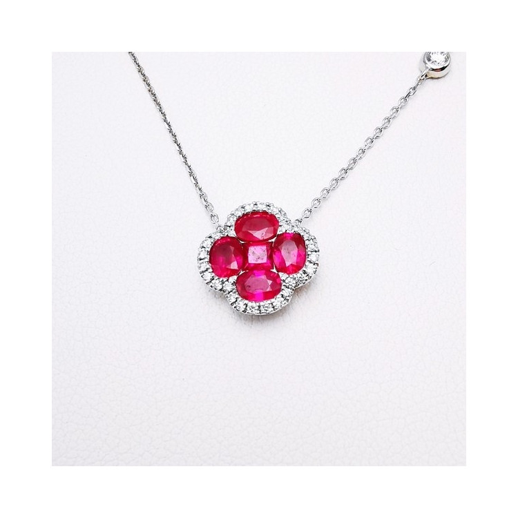 Collier Trèfle Rubis Diamants Ligne Vendôme Or Blanc 750 - 18 carats