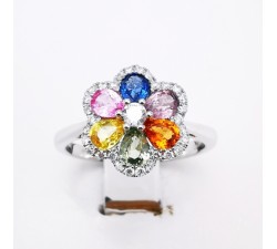 Bague Fleurs Multicolore Saphir Diamants Ligne Vendôme Or blanc 750 - 18 carats