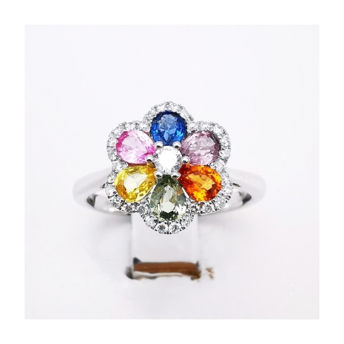 Bague Fleurs Multicolore Saphirs Diamants Ligne Vendôme Or blanc 750 - 18 carats