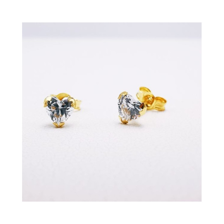 Boucles d'Oreilles Puces Oxydes de Zirconium Cœur Or Jaune 750 - 18 carats