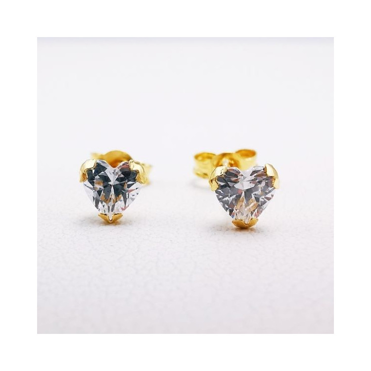 Boucles d'Oreilles Puces Oxydes de Zirconium Cœur Or Jaune 750 - 18 carats